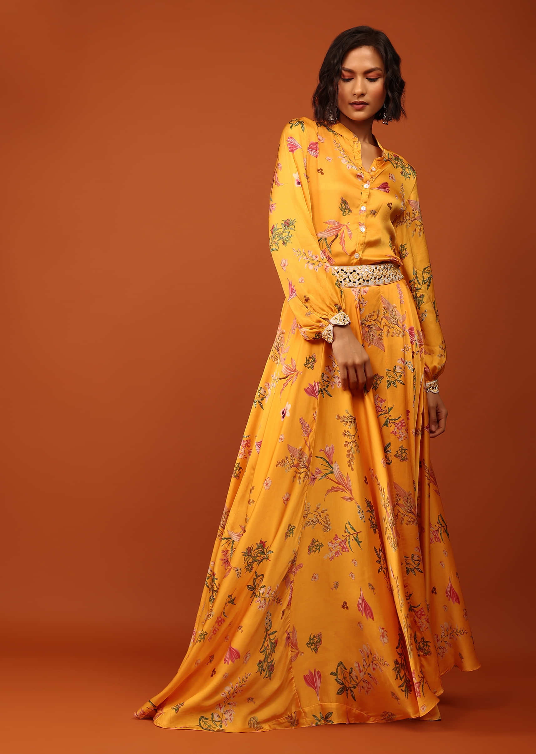 Saffron Yellow Floral Print Shirt Top & Lehenga With Mirror Embroidery