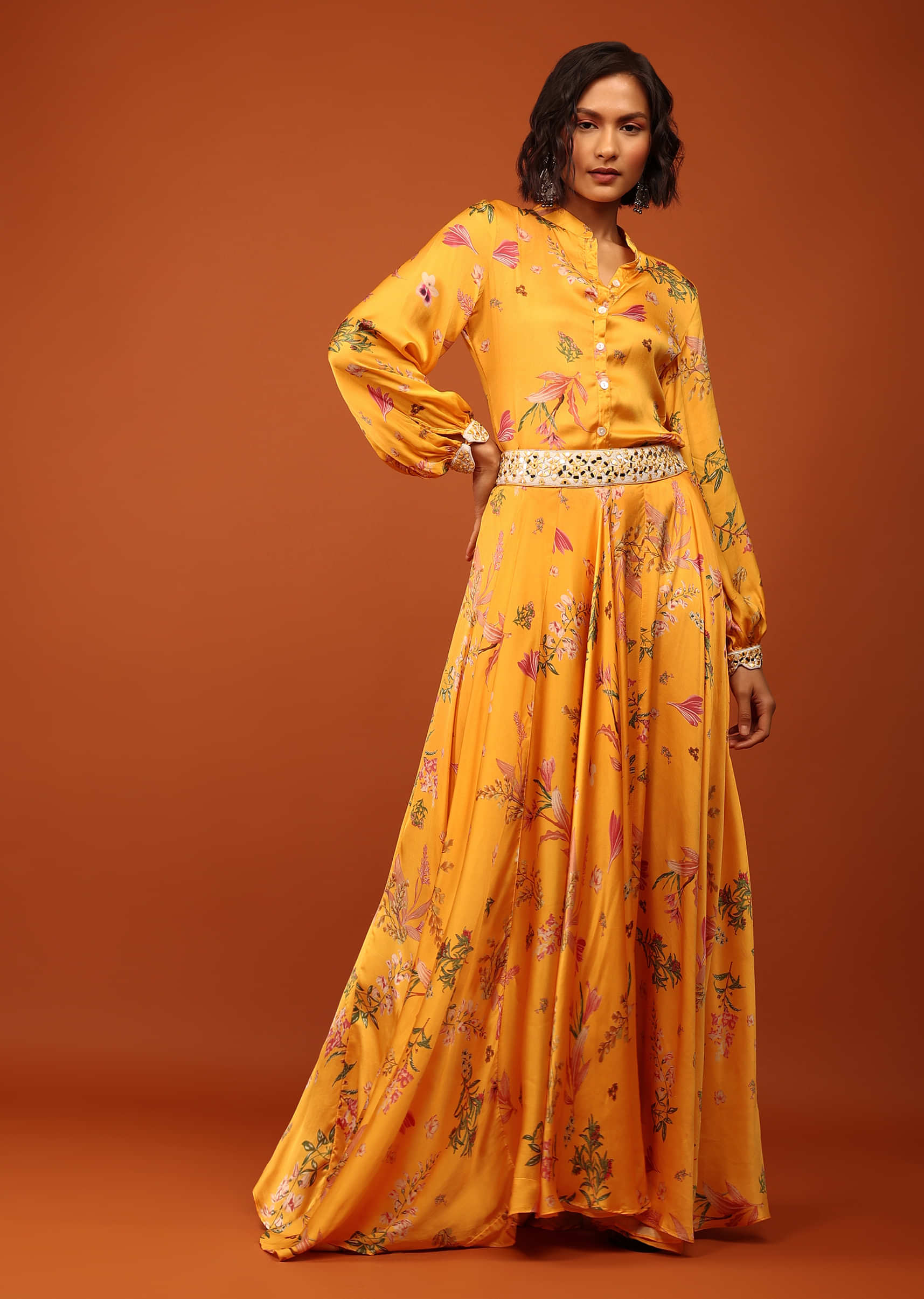 Amber Yellow Floral Print Shirt Top & Lehenga With Mirror Embroidery