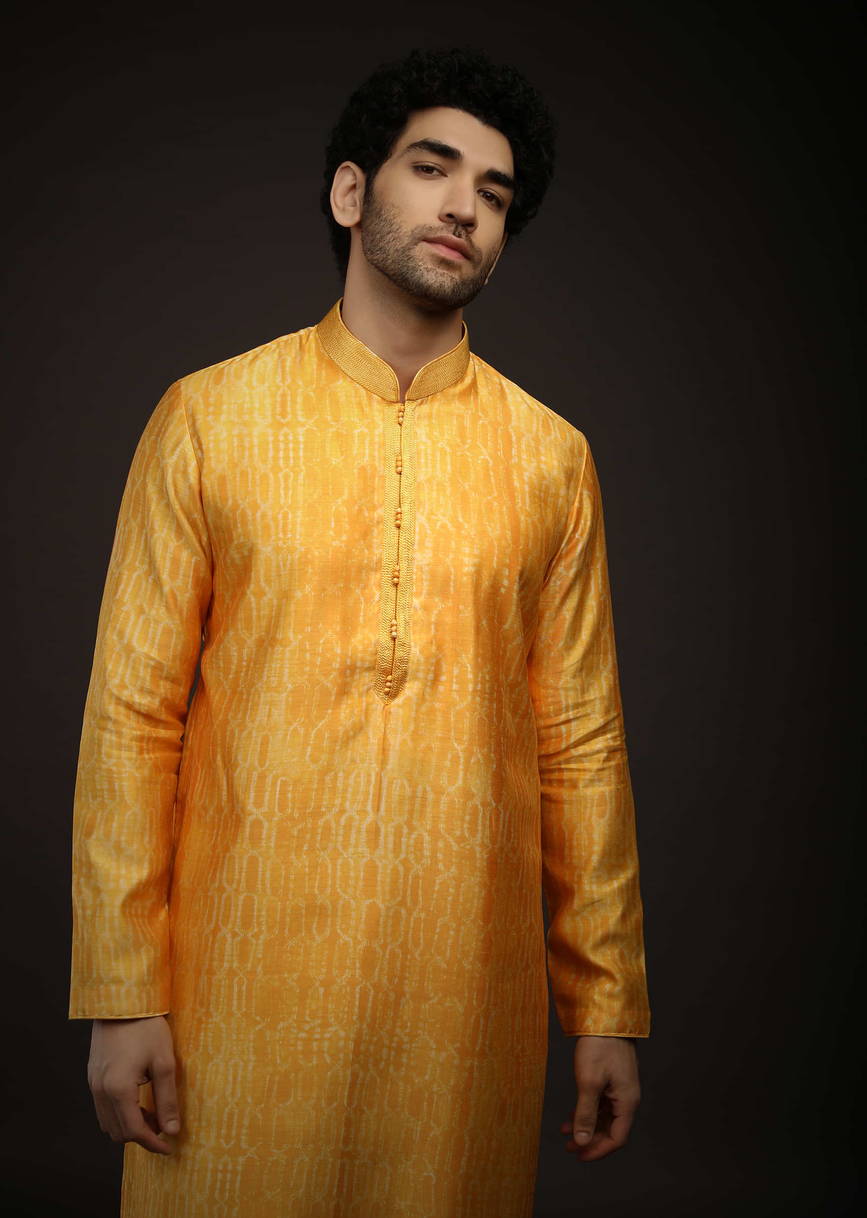 Saffron Yellow Kurta Set In Raw Silk With Tie Dye Design All Over And Resham Work On The Placket