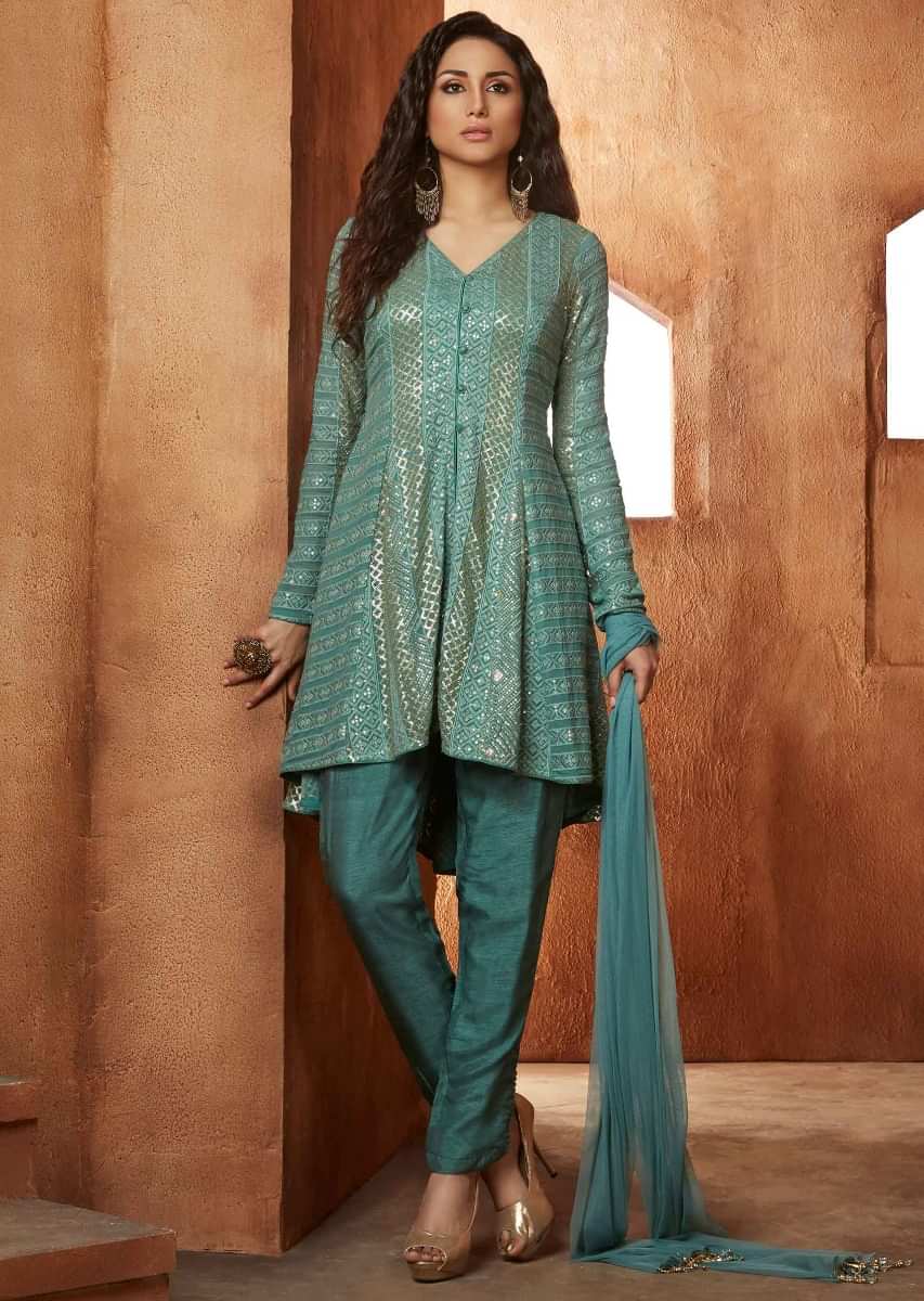 Sage Blue A Line Dress In Chiffon With Thread And Sequin Embroidery Online - Kalki Fashion