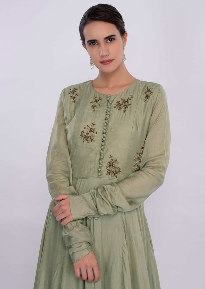 Sage Green Anarkali Dress With Contrasting Golden Dupatta Online - Kalki Fashion