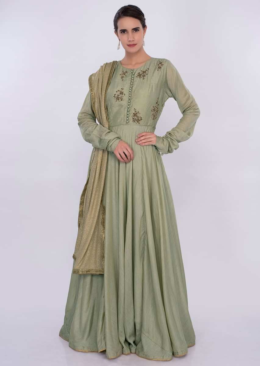Sage Green Anarkali Dress With Contrasting Golden Dupatta Online - Kalki Fashion