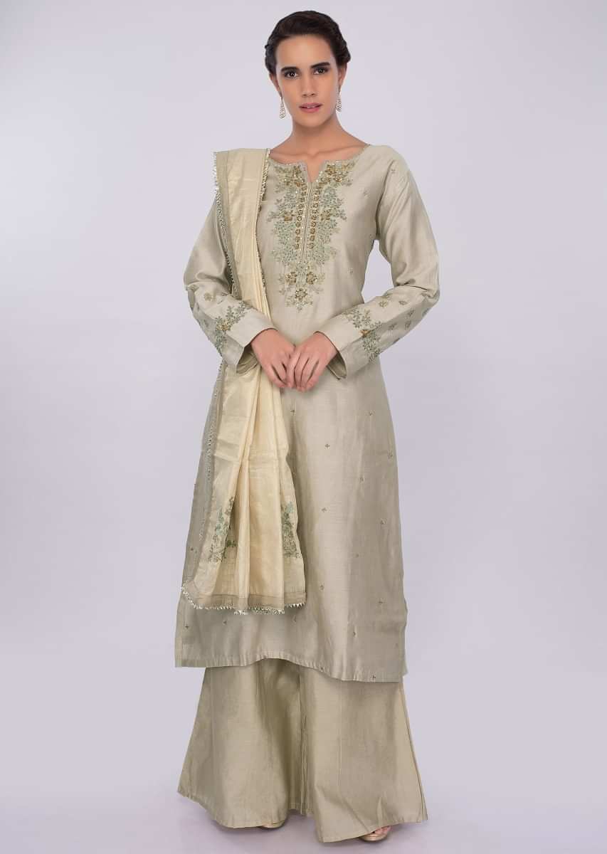 Sage green cotton silk palazzo suit set in embroidery and  butti only on kalki