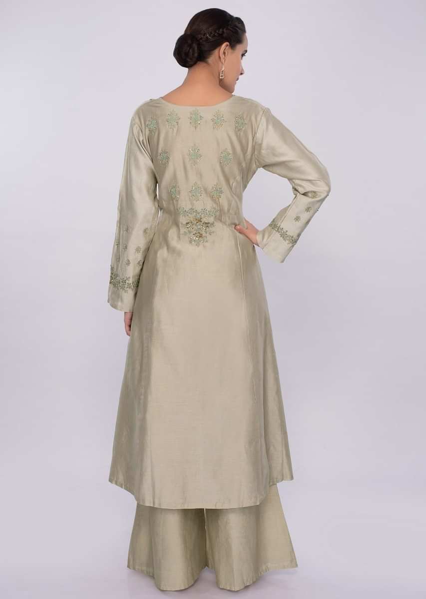 Sage green cotton silk palazzo suit set in embroidery and  butti only on kalki