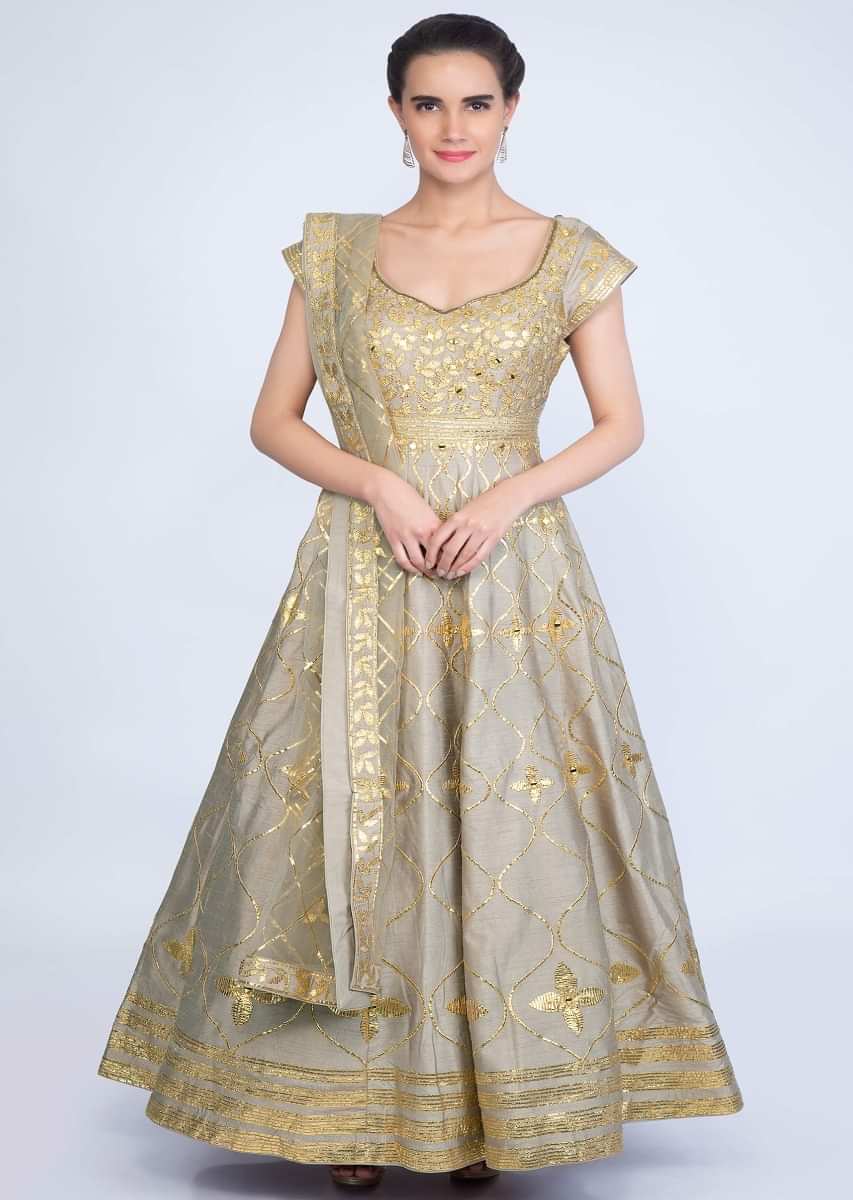 Sage green flared anarkali with mirror and lace emebroidery only on kalki