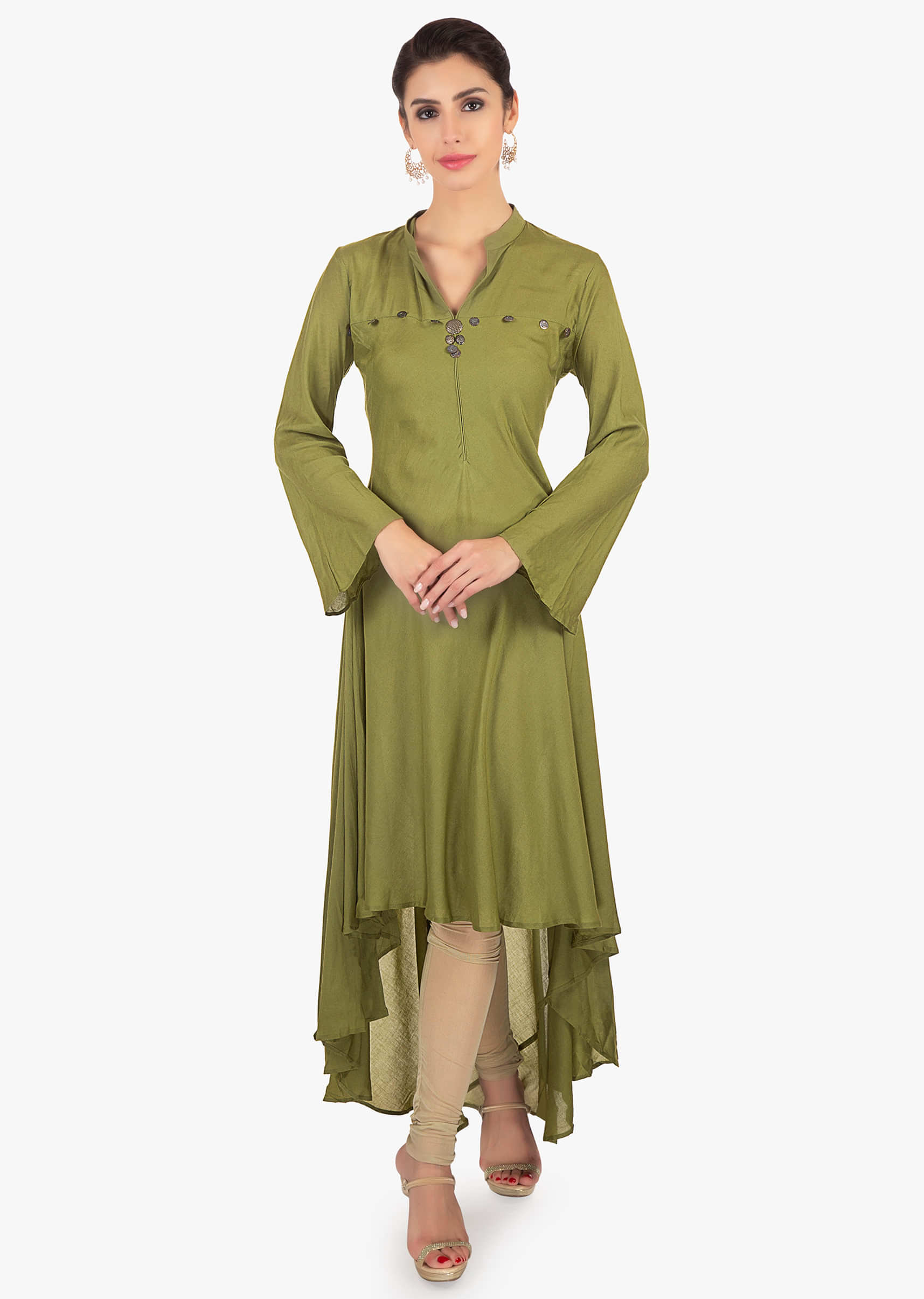 Sage green front short  back long cotton suit paired with printed dupatta 