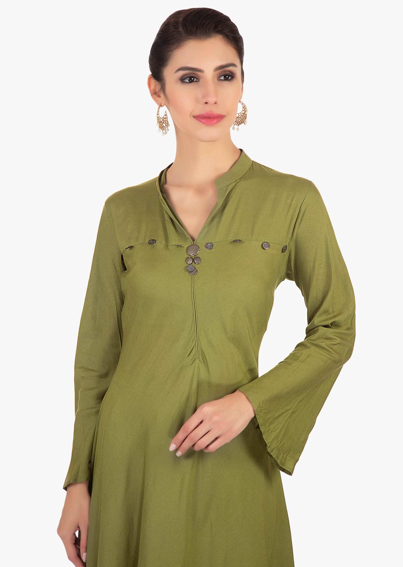 Sage green front short  back long cotton suit paired with printed dupatta 