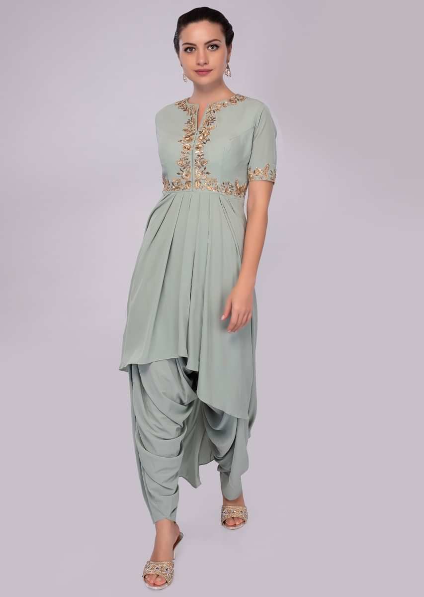Sage green front short back suit with dhoti pant  