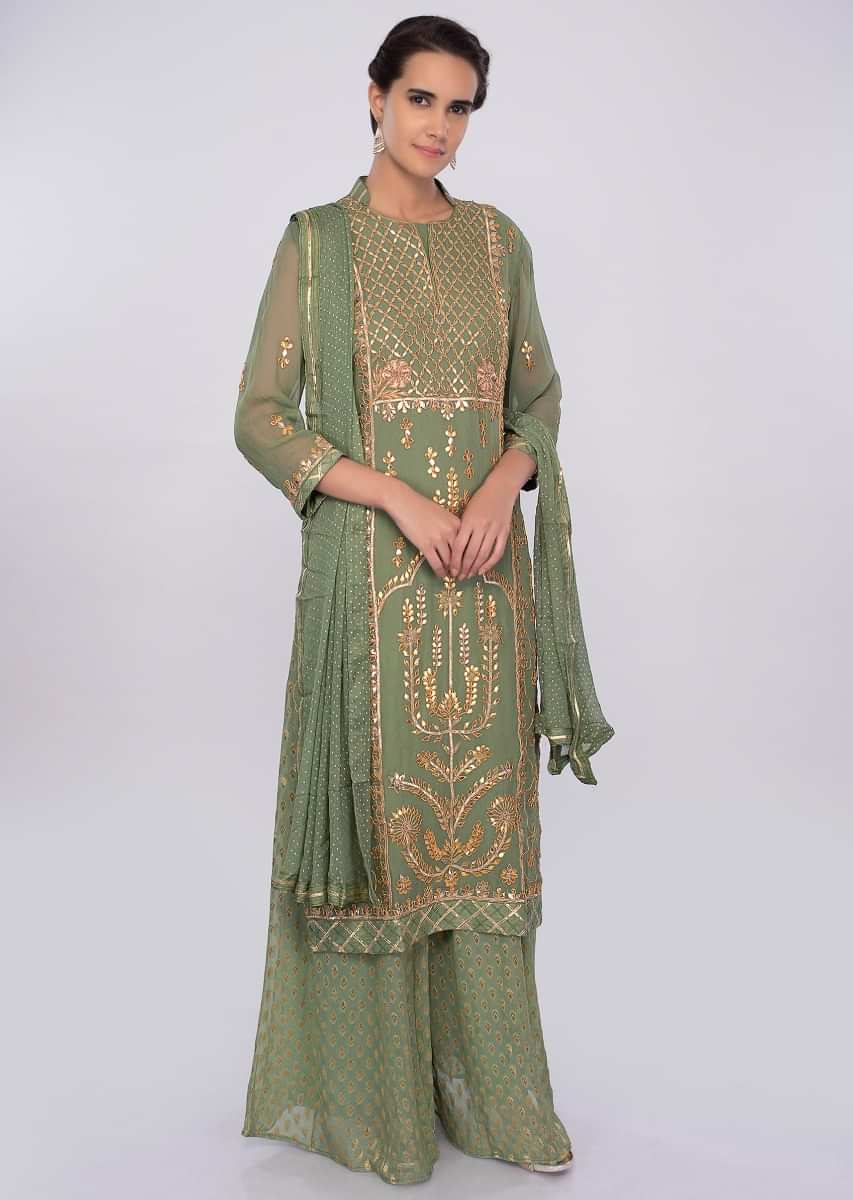 Sage Green Palazzo Suit Set In Georgette With Gotta Patch Embroidery Online - Kalki Fashion