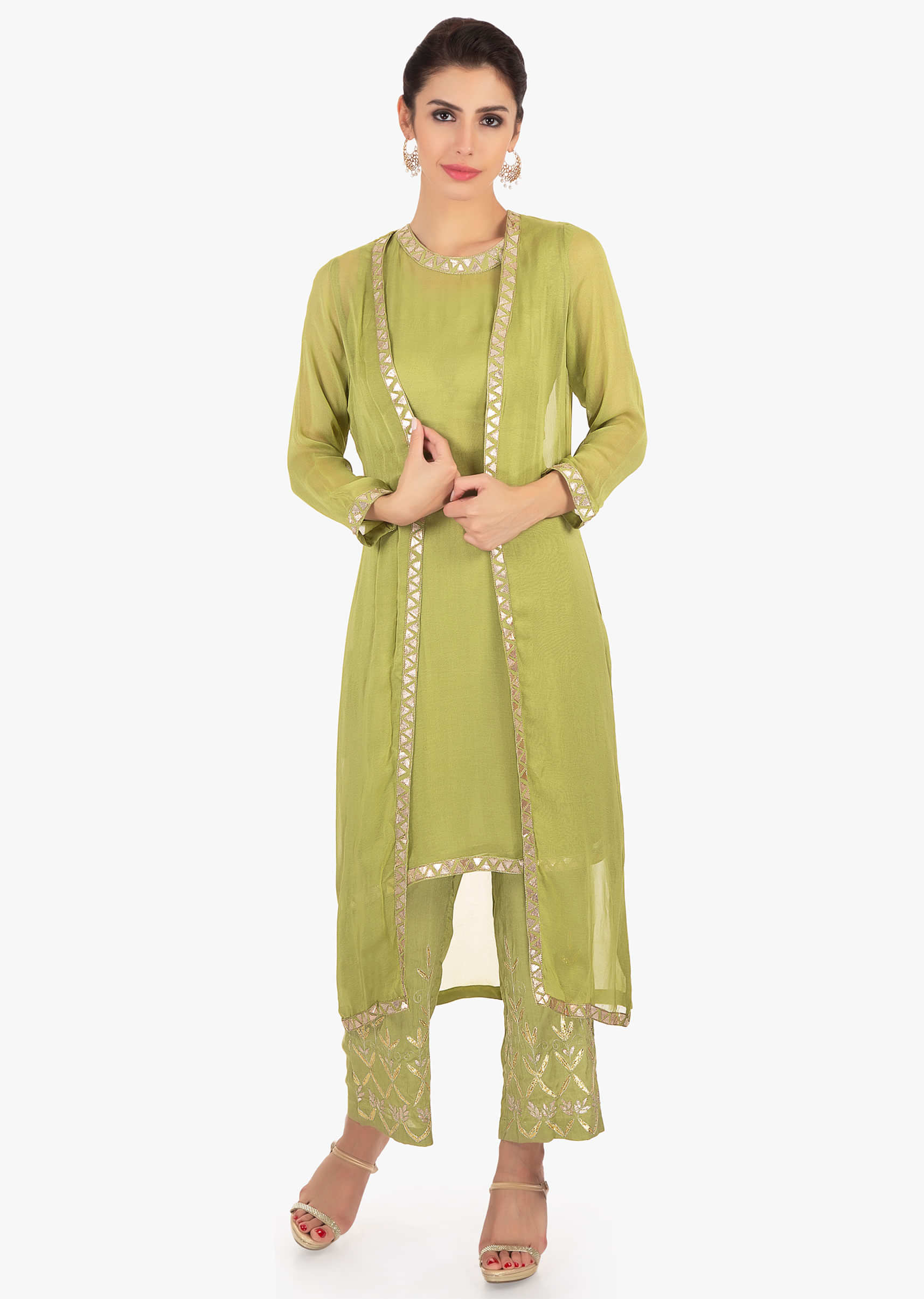 Sage green georgette suit in geometric motif paired with a long jacket and straight pant