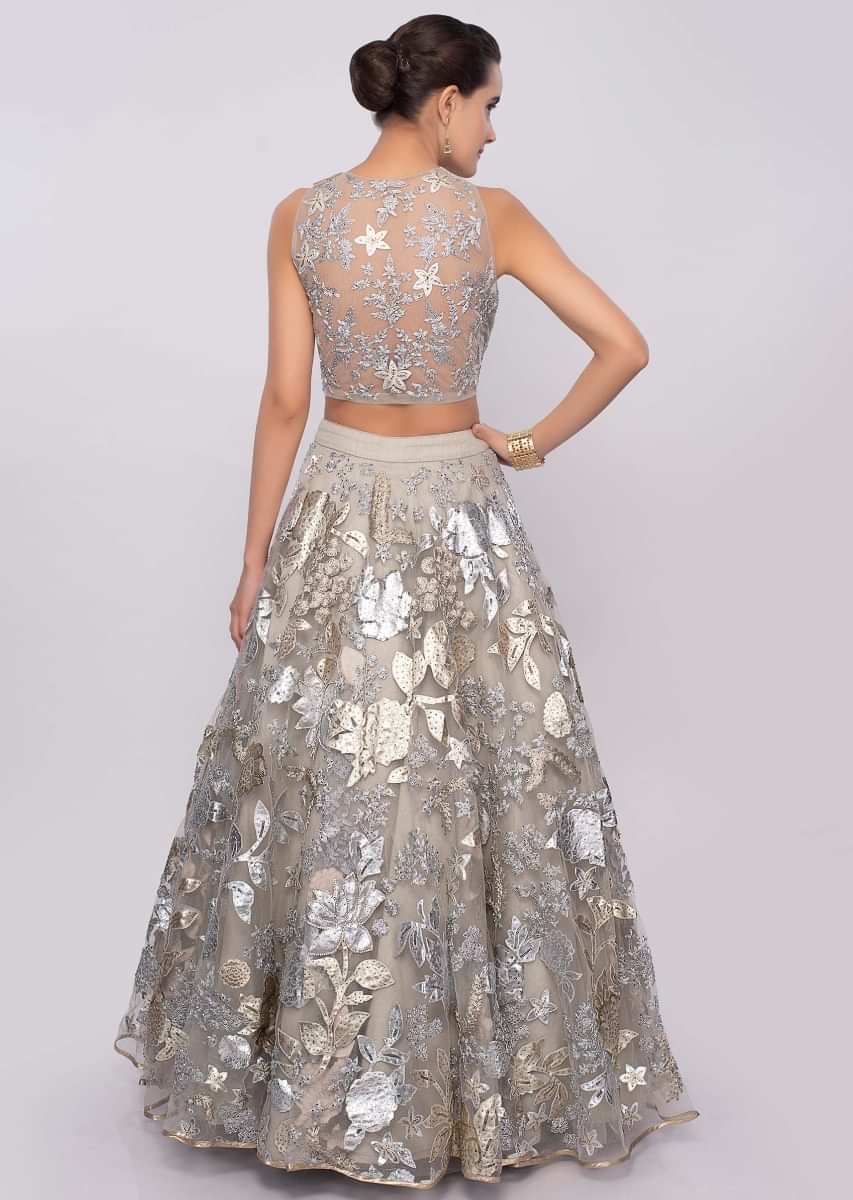 Sage Green Heavy Flared Lehenga Set In Net With Floral Patch Work Online - Kalki Fashion
