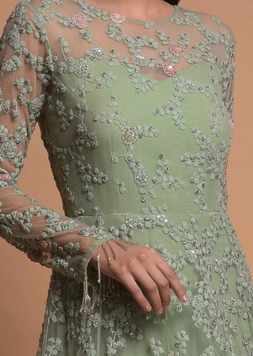 Sage Green Indowestern Gown In Net With Embroidered Floral Jaal