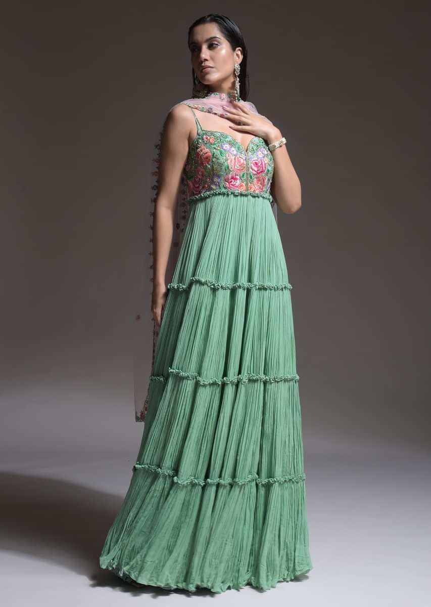Buy Sage Green Indowestern Suit In Georgette With Vibrant Resham ...