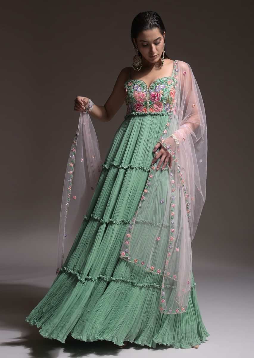 Sage Green Indowestern Suit In Georgette With Vibrant Resham Embroidered Summer Blossoms On The Bodice  
