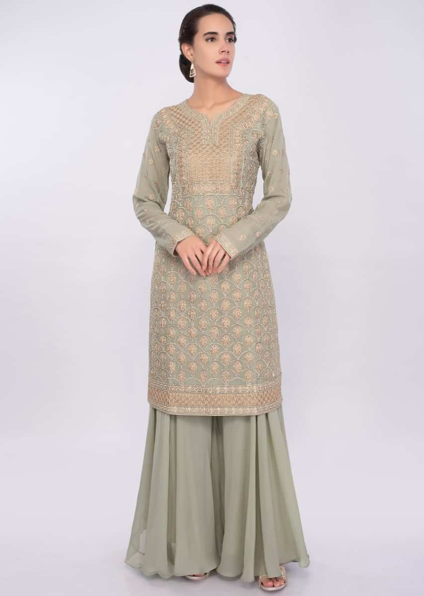 Sage Green Palazzo Suit Set With Jaal Embroidery Online - Kalki Fashion