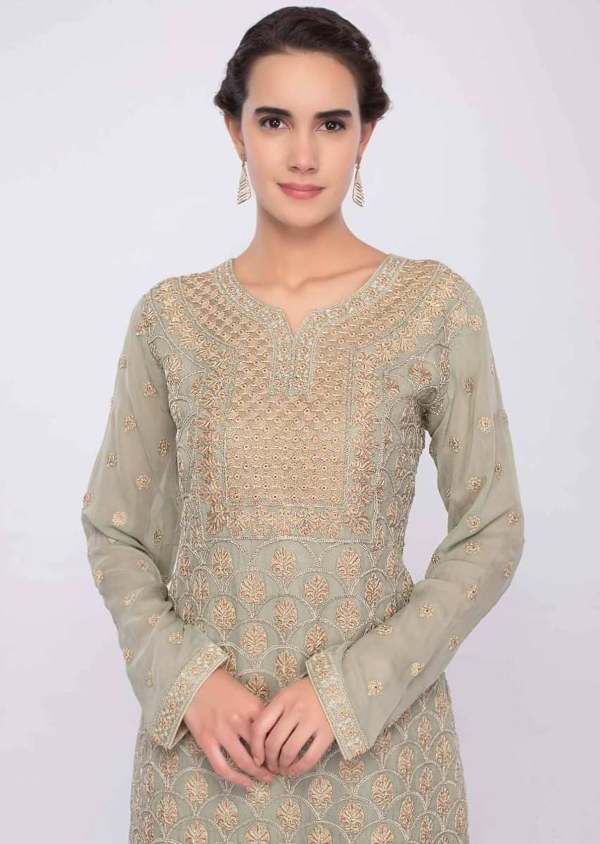 Sage Green Palazzo Suit Set With Jaal Embroidery Online - Kalki Fashion