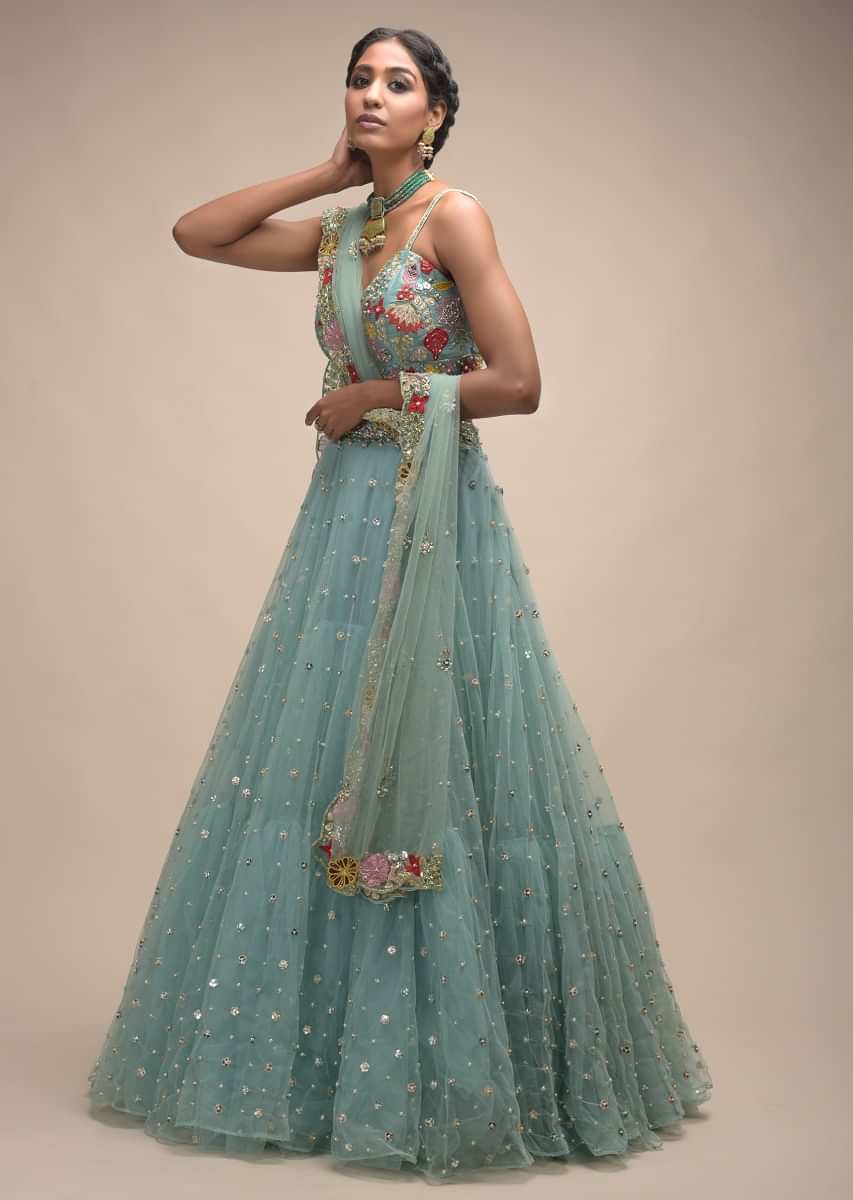 Sage Green Lehenga In Net With Flower Sequin Buttis And Resham Embroidered Crop Top 