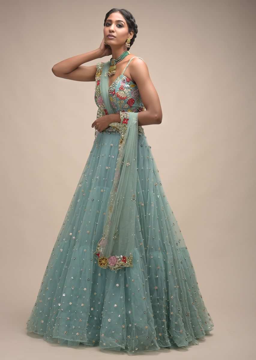 Sage Green Lehenga In Net With Flower Sequin Buttis And Resham Embroidered  Crop Top