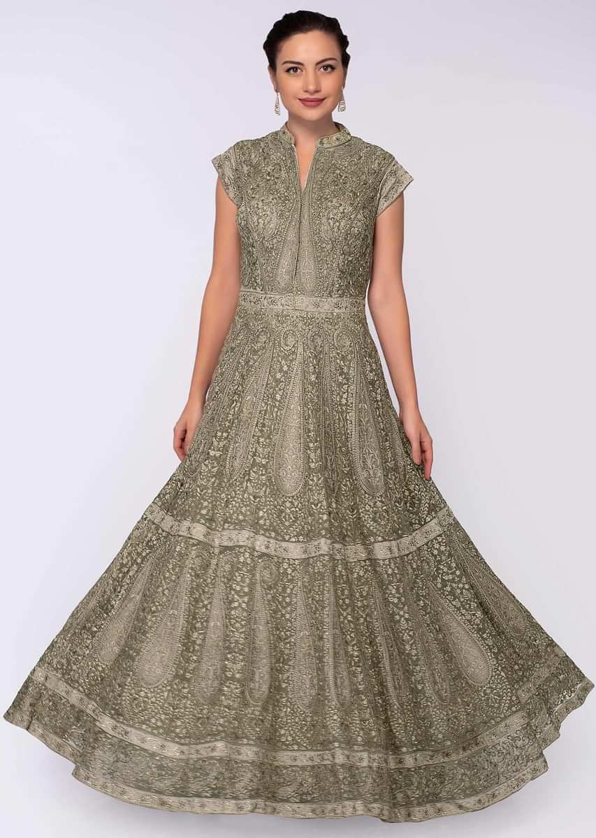 Sage green net anarkali gown in floral and paisley motif only on Kalki