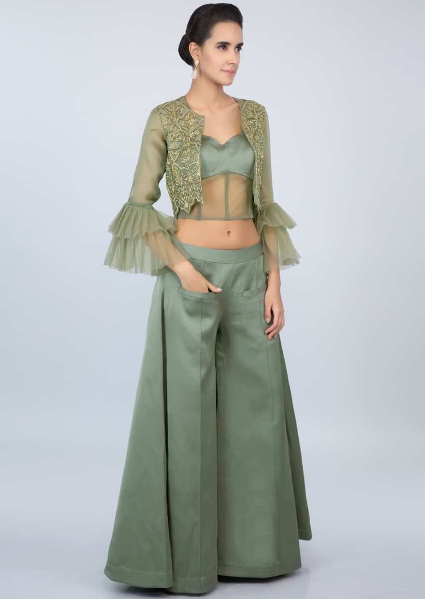 Sage green palazzo with corset crop top and embroidered jacket only on kalki