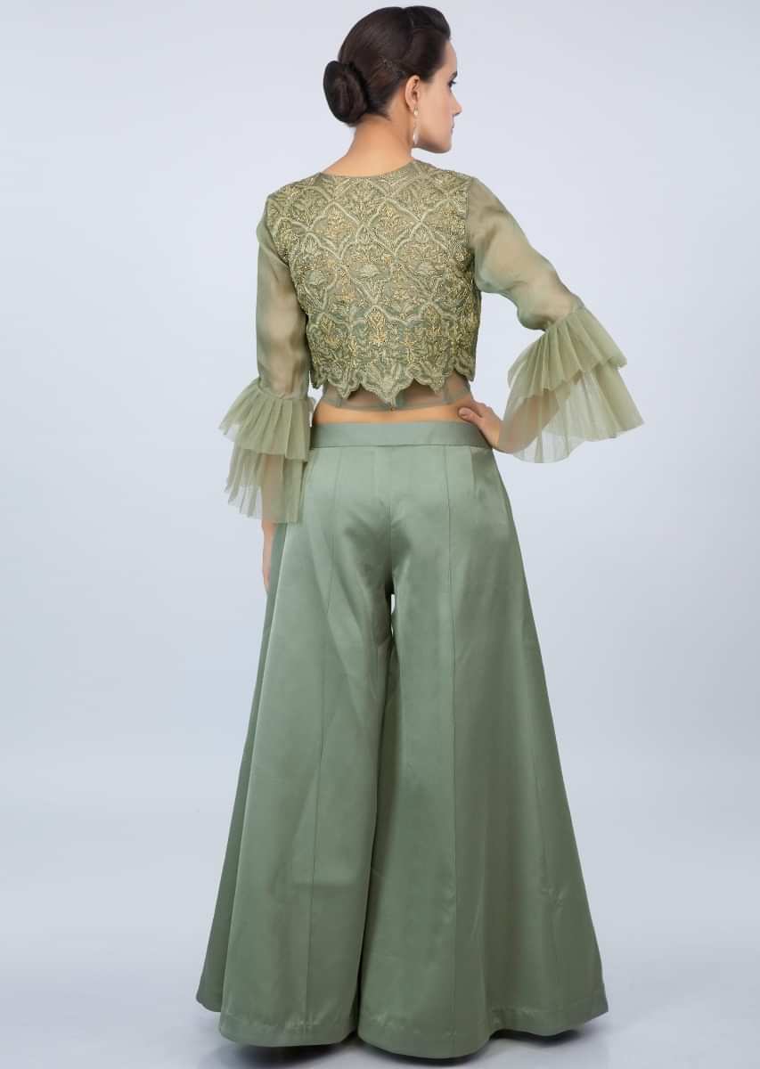Sage green palazzo with corset crop top and embroidered jacket only on kalki