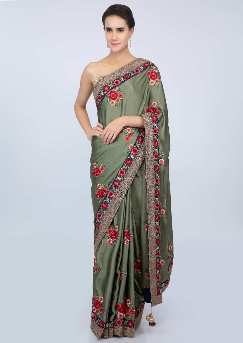 Sage green satin saree with multi color floral resham embroidery and butti only on kalki