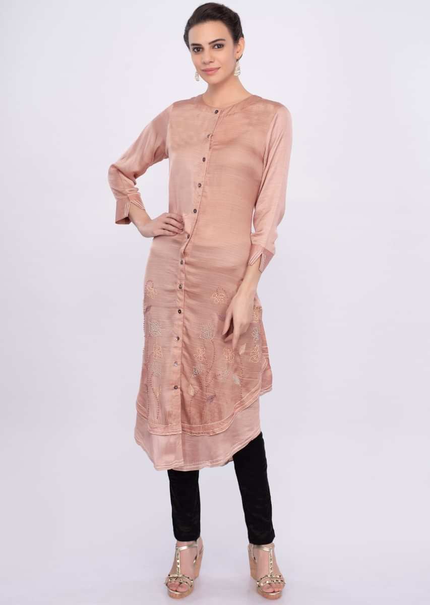 Peach Kurti In Satin Silk With Multi Color French Knot And Thread Embroidery Online - Kalki Fashion