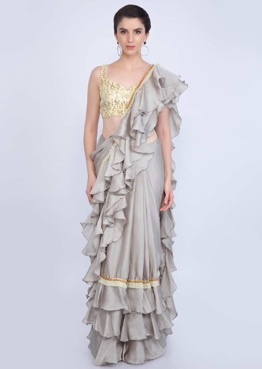 Sage Grey Saree In Satin Silk With Ready Pleats And Ruffled Layers Online - Kalki Fashion