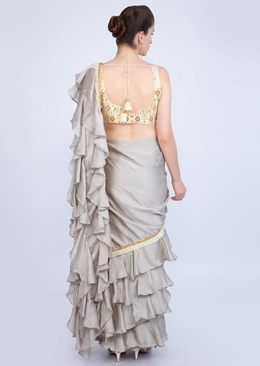 Sage Grey Saree In Satin Silk With Ready Pleats And Ruffled Layers Online - Kalki Fashion