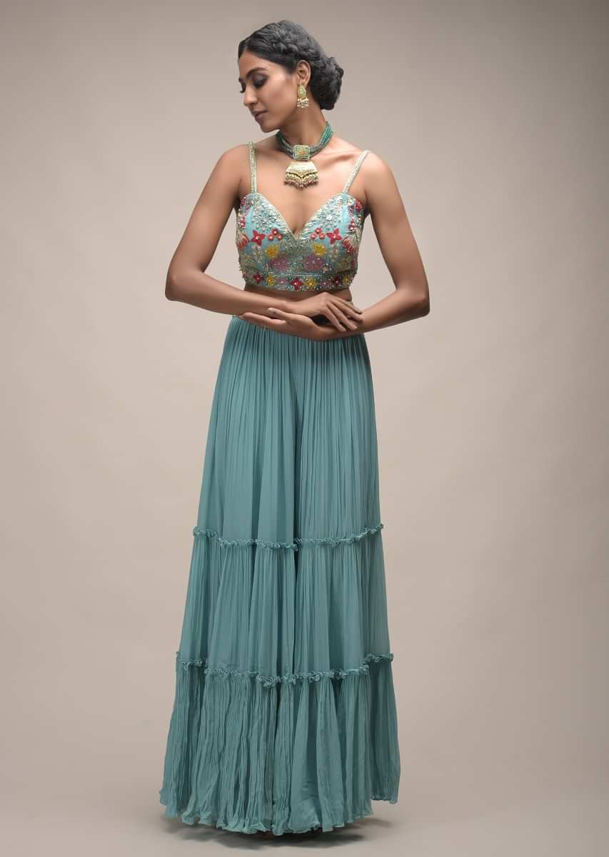 Sage Green Sharara Suit In Georgette With Resham Embroidered Crop Top  
