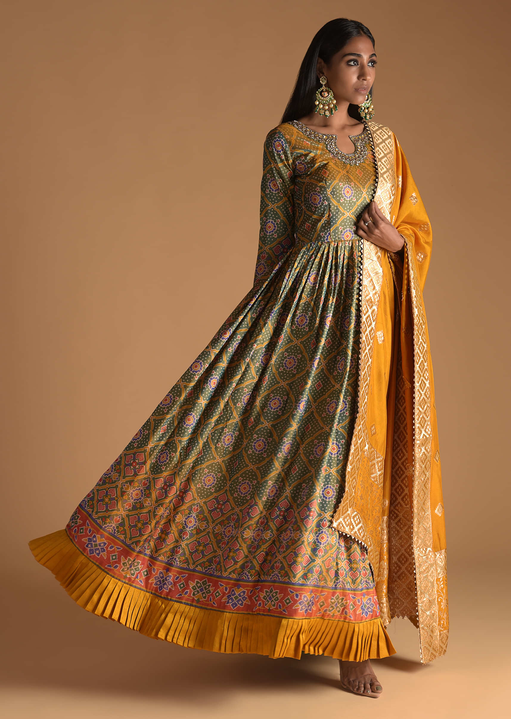 Pista Green Anarkali Suit In Cotton Silk With Patola And Bandhani Printed Jaal And Mustard Banarasi Dupatta