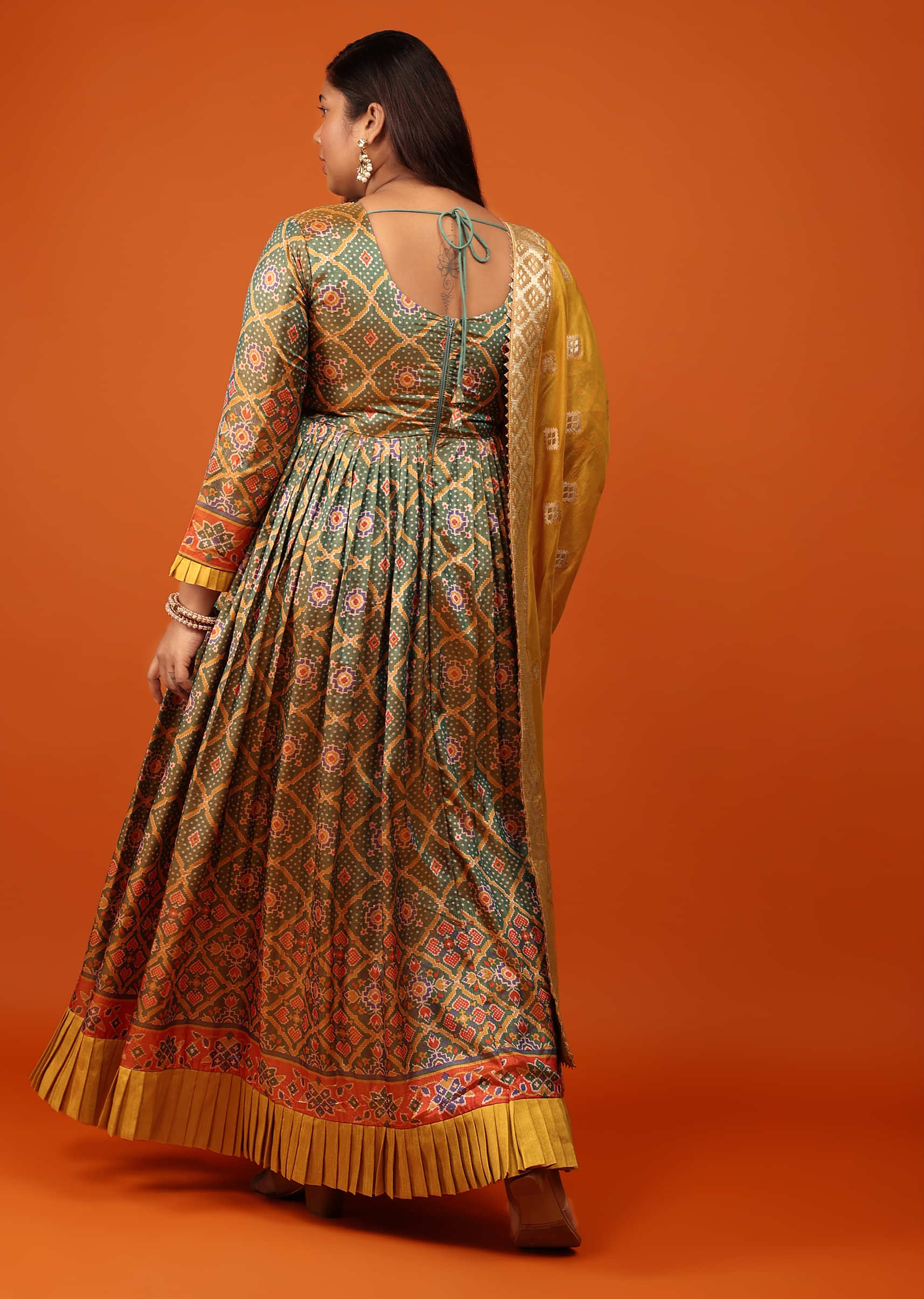 Pista Green Cotton Silk Fabricated Anarkali Suit With Bandhani And Patola Printed Jaal