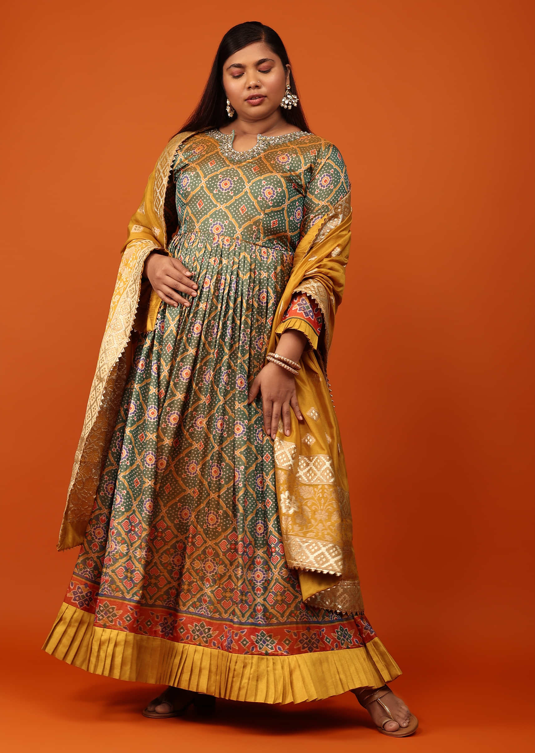 Sage Green Anarkali Suit In Cotton Silk With Patola And Bandhani Printed Jaal And Mustard Banarasi Dupatta  