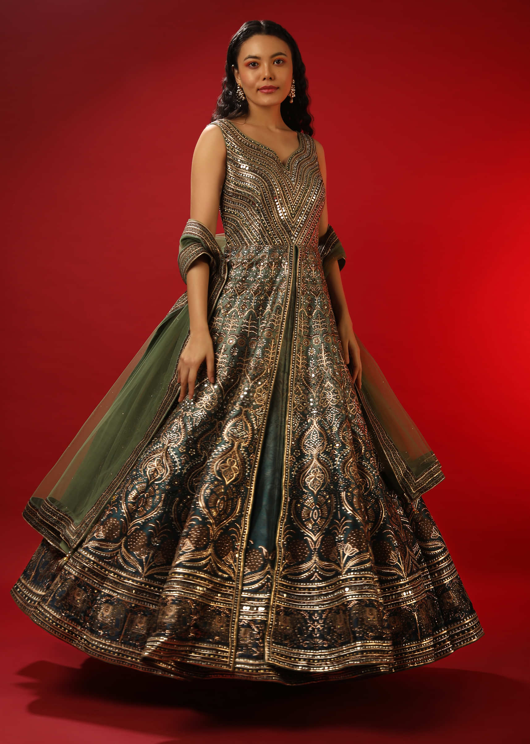 Sage Green And Peacock Blue Ombre Jacket Anarkali Suit With Mirror Work And Moroccan Print  