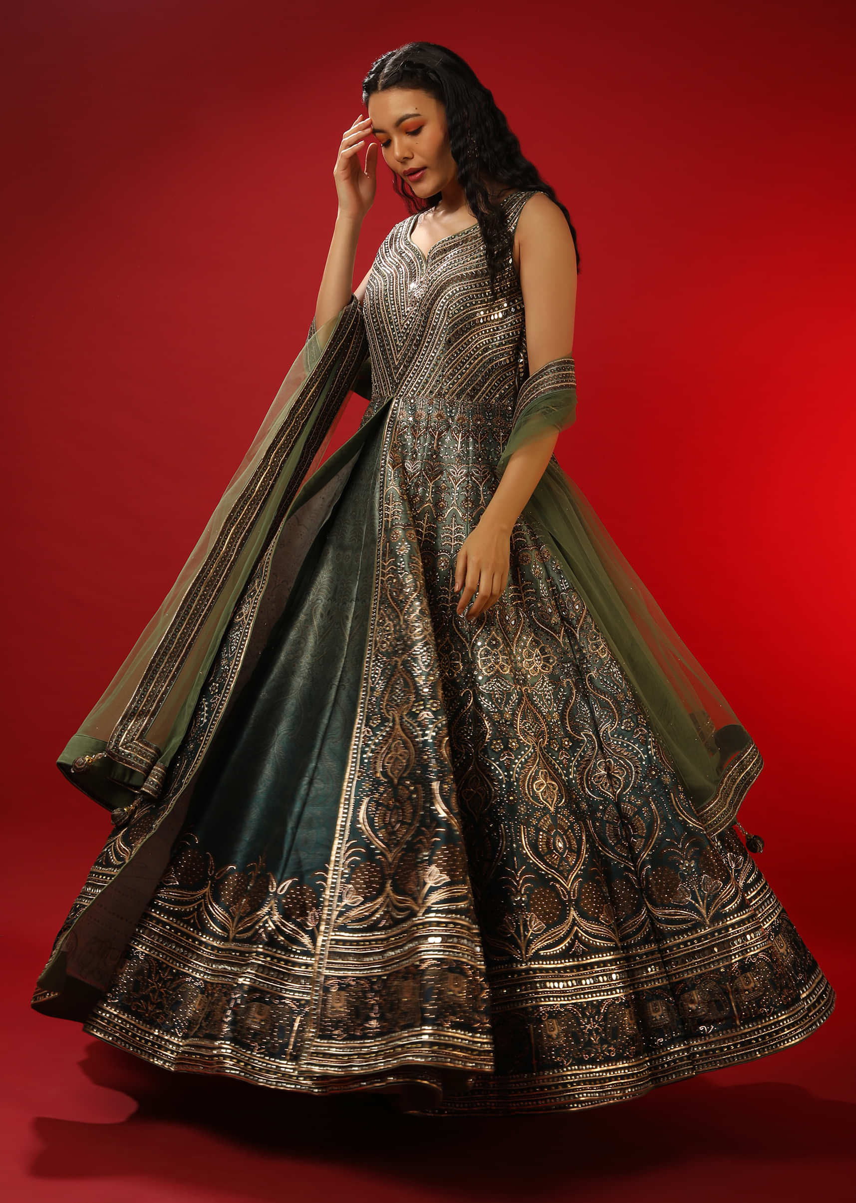 Sage Green And Peacock Blue Ombre Jacket Anarkali Suit With Mirror Work And Moroccan Print  