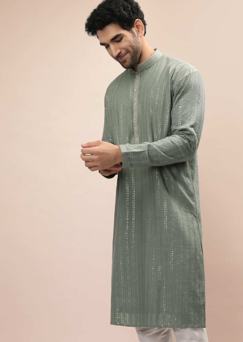 Sage Green Kurta Set In Georgette With Resham And Sequins Embroidered Striped Design  