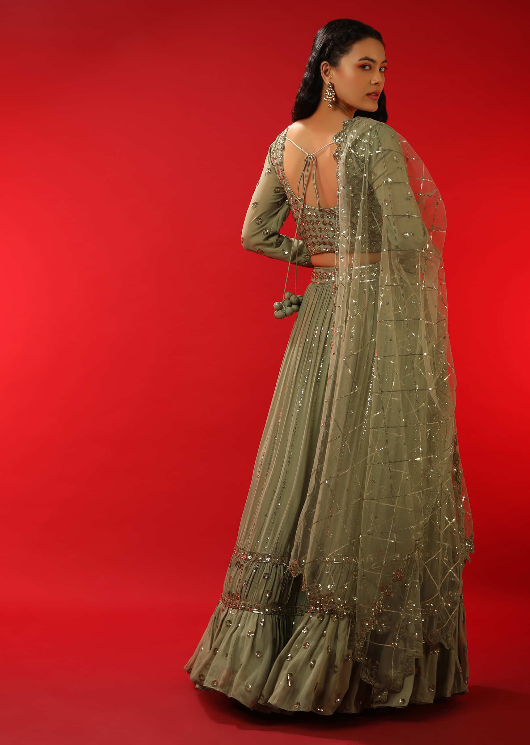 Sage Green Lehenga Choli With Sequins Embroidered Geometric Motifs And Stripes 