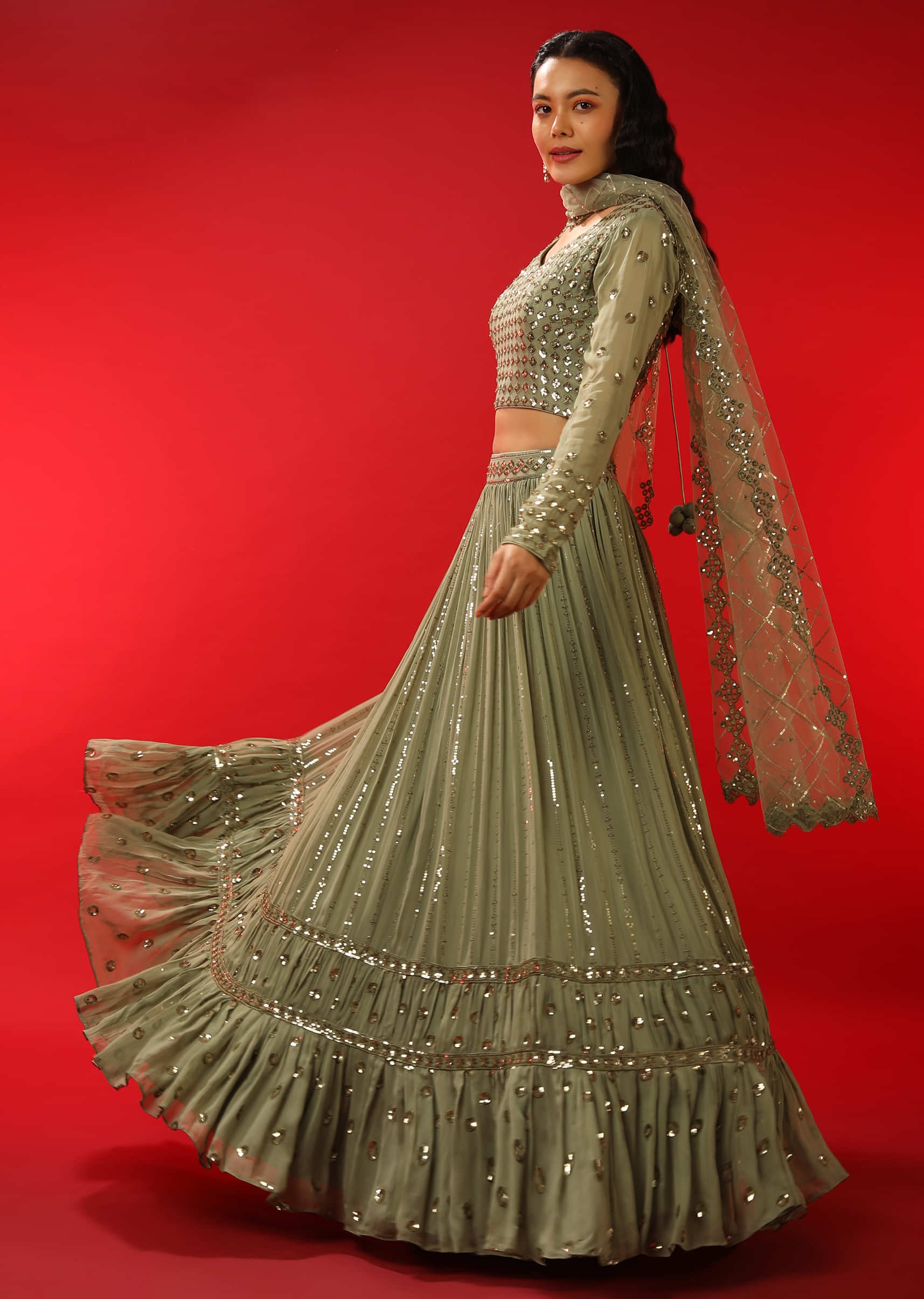 Sage Green Lehenga Choli With Sequins Embroidered Geometric Motifs And Stripes 