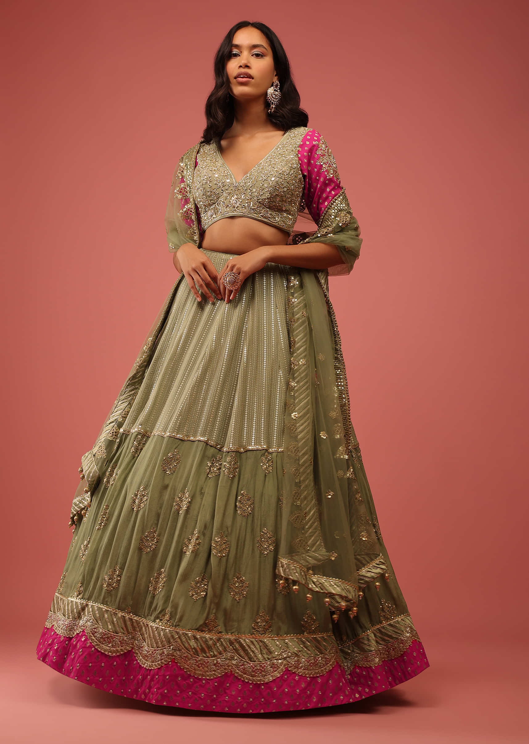 Sage Green Lehenga Choli With Sequins Embroidery And Contrasting Magenta Border And Sleeve Detailing