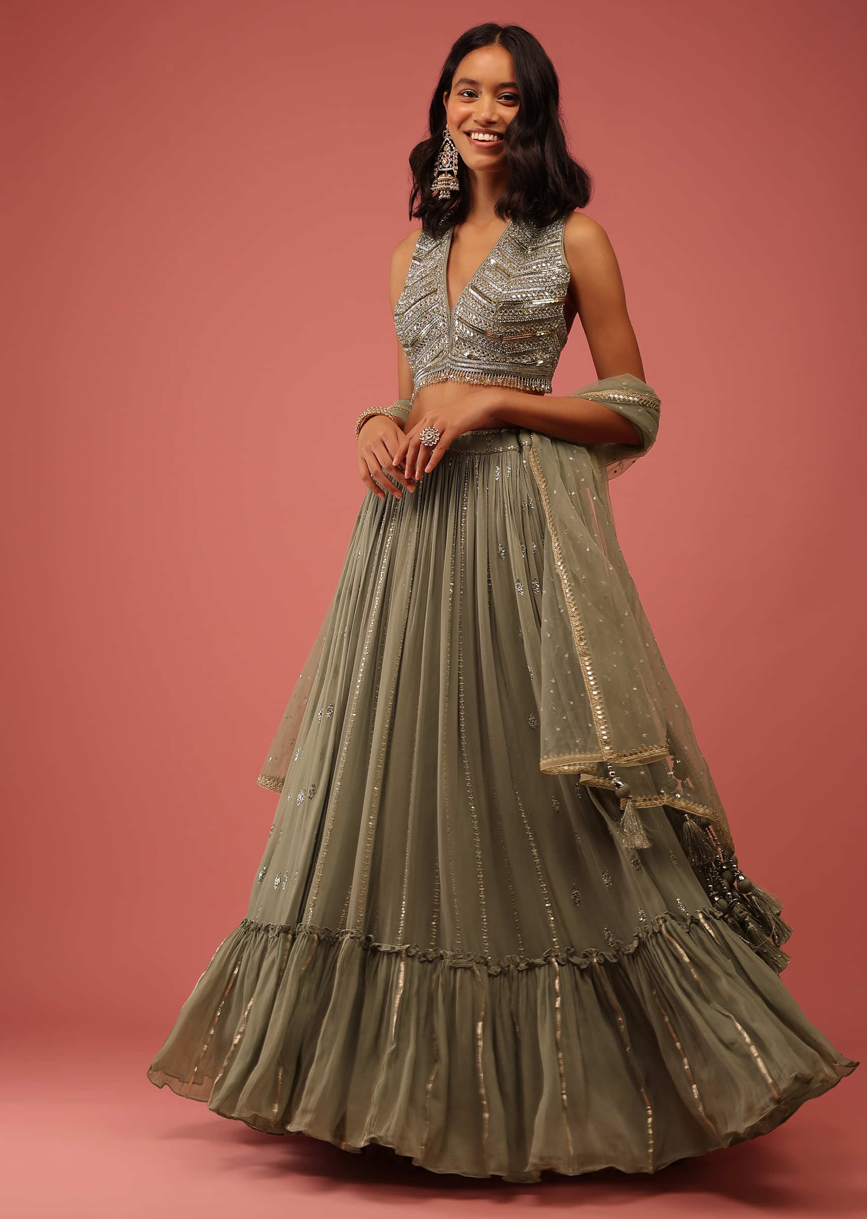 Moss Green Lehenga Embellished In Sequins With Mirror And Cut Dana Embroidered Halter Neck Crop Top
