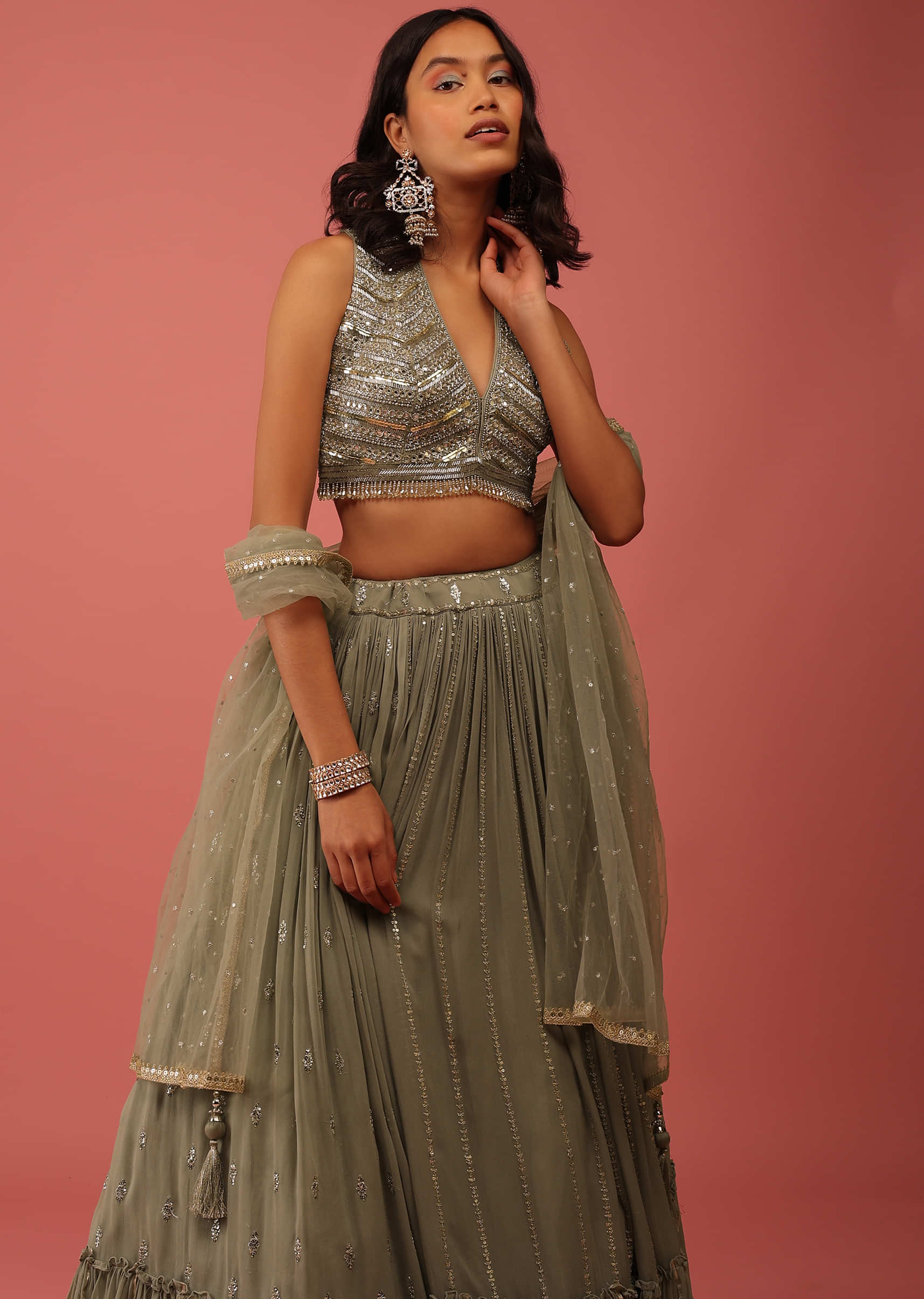 Buy Moss Green Lehenga Embellished In Sequins With Mirror And Cut Dana ...