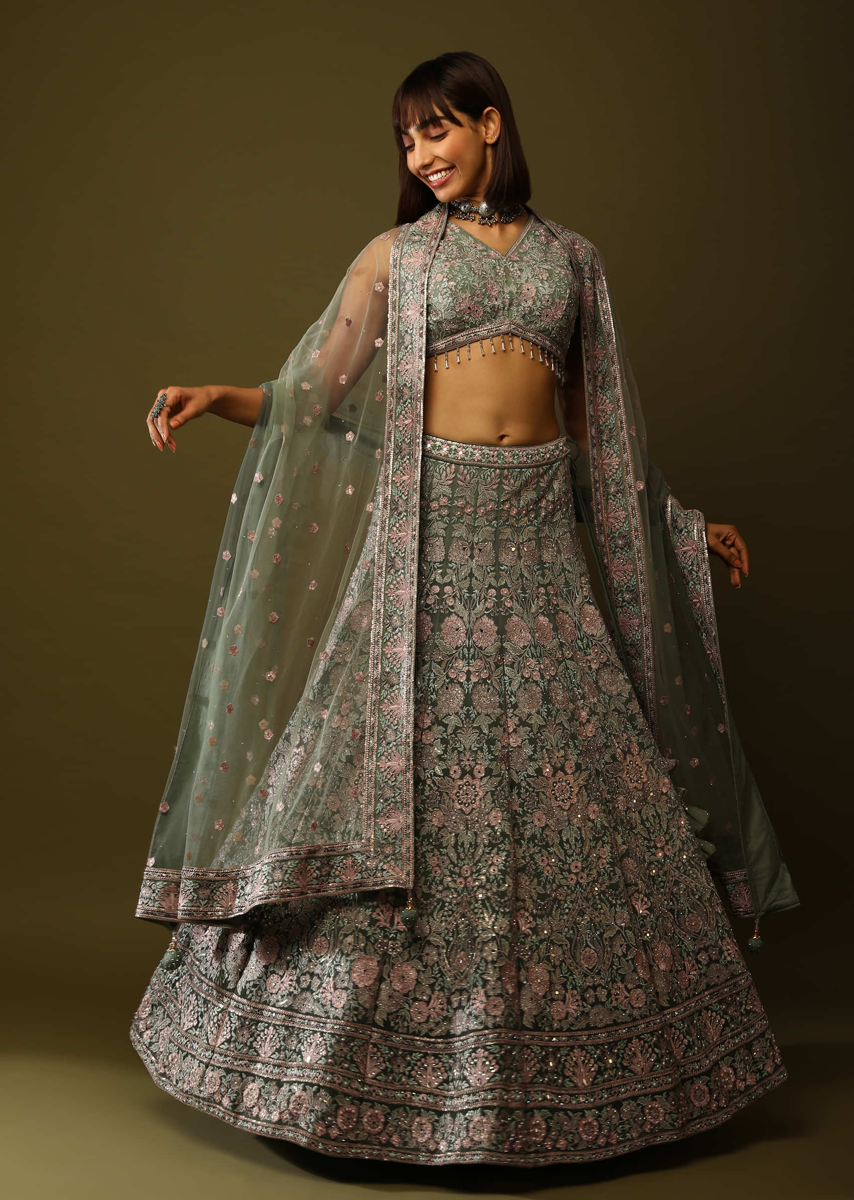 Sage Green Lehenga Choli In Net With Pastel Resham embroidery Floral Jaal 