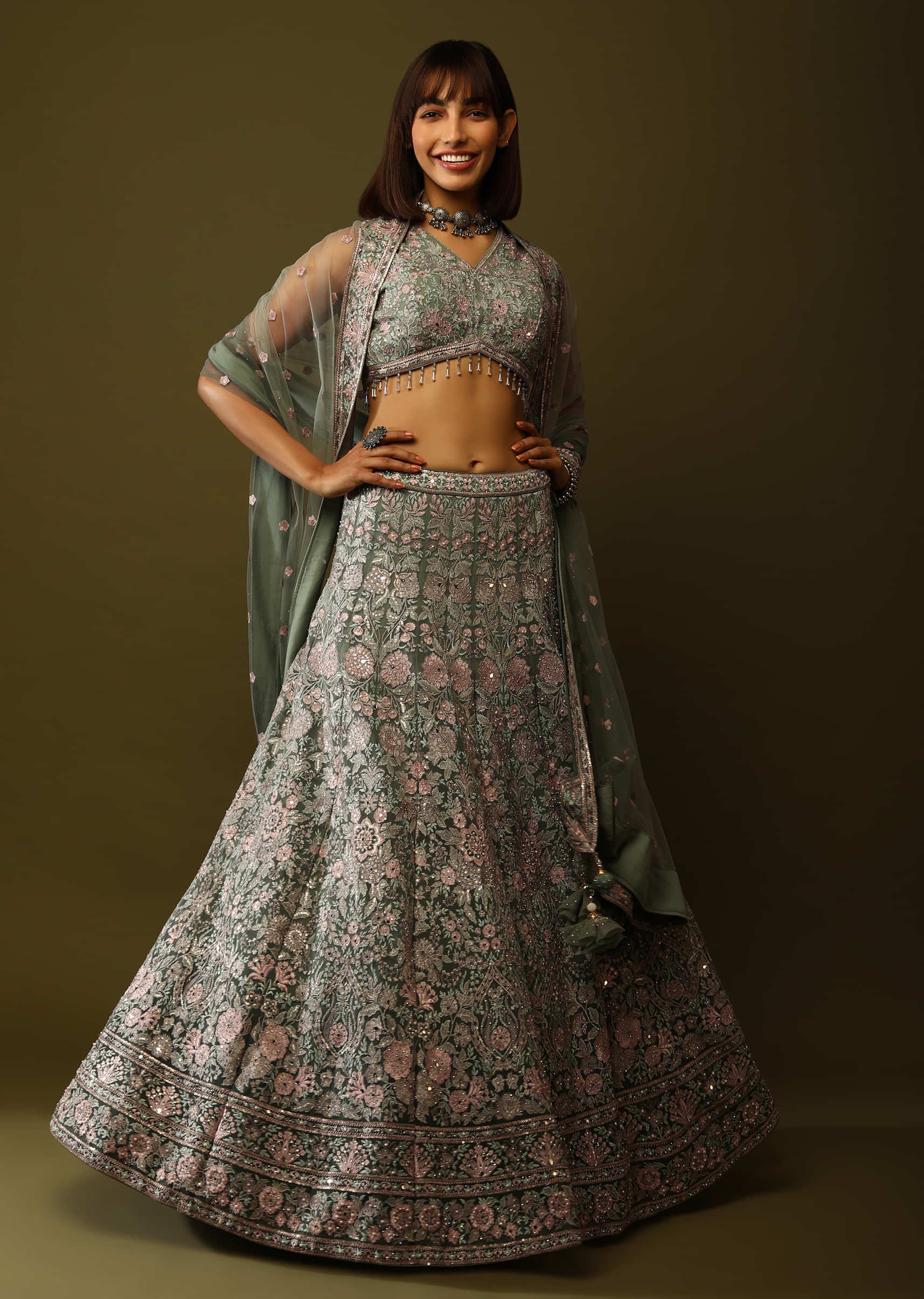 Sage Green Lehenga Choli In Net With Pastel Resham embroidery Floral Jaal 