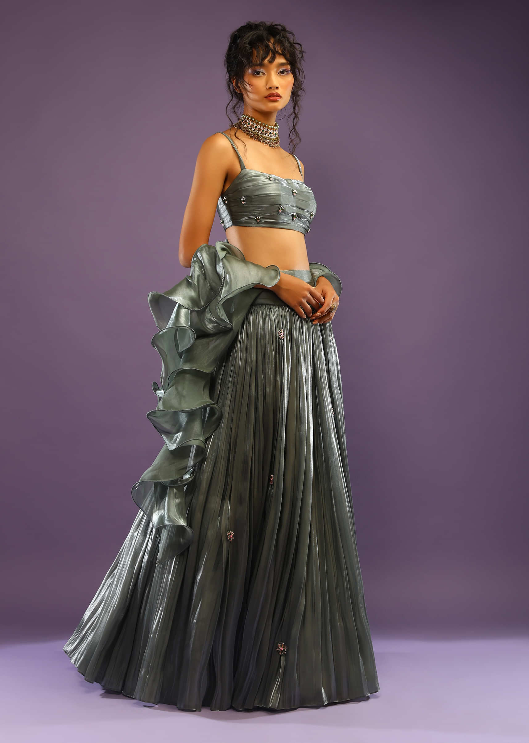 Sage Grey Skirt And Bustier With Pleat Detailing, Embroidered Buttis And Ruffle Dupatta