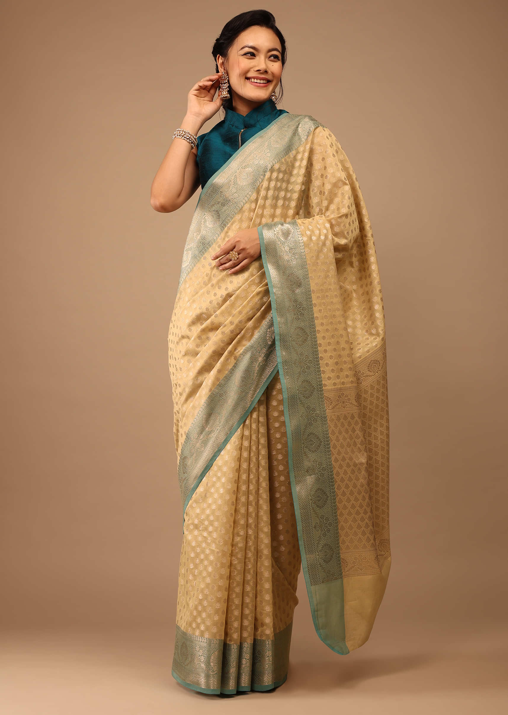 Light Yellow Saree In Banarsi Chanderi And Pure Handloom Cotton