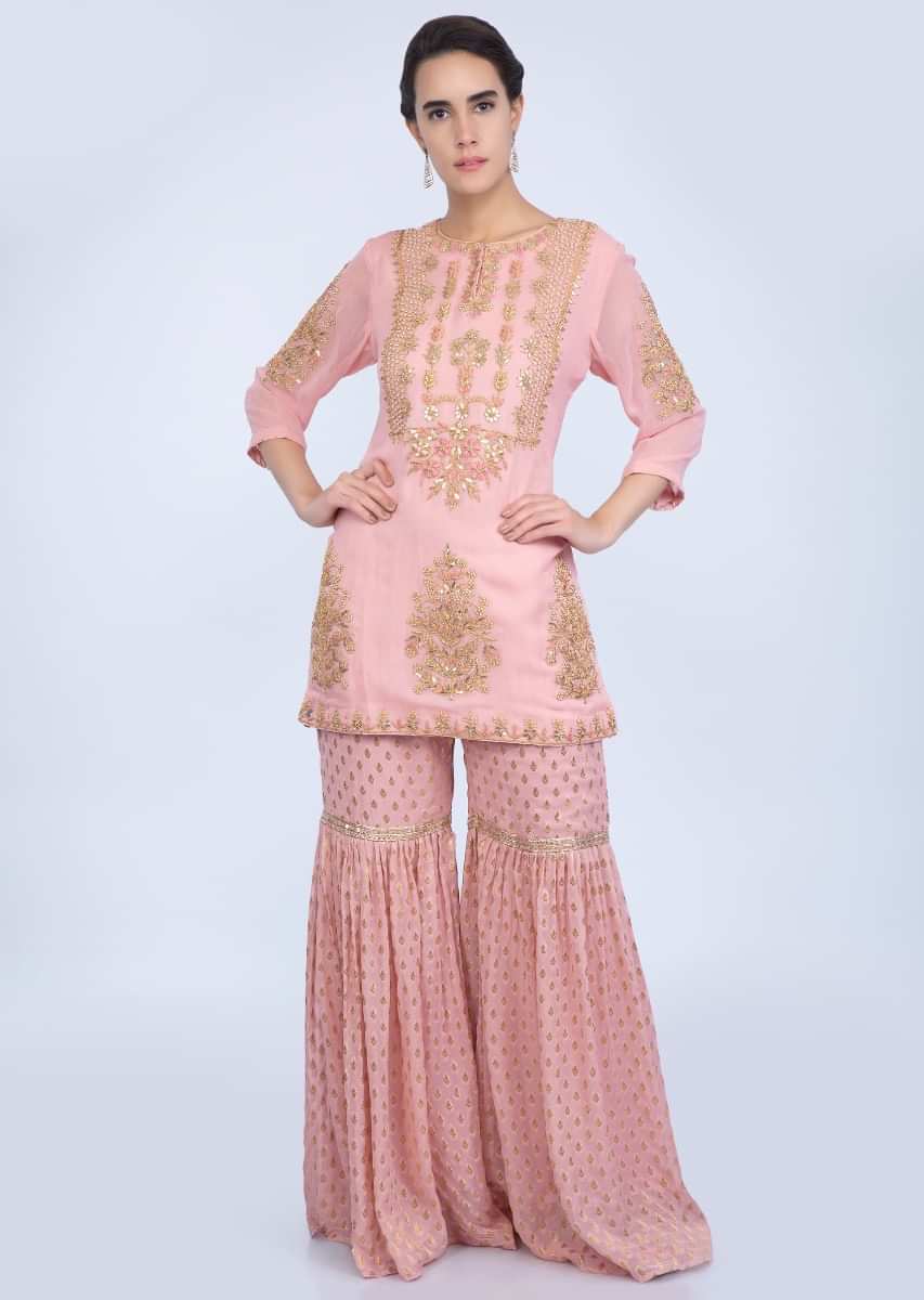 Salmon Peach Sharara Suit Set With Floral Embroidery And Butti Online - Kalki Fashion