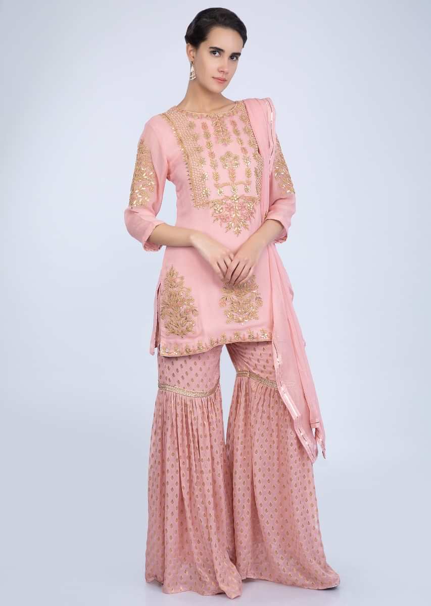 Salmon Peach Sharara Suit Set With Floral Embroidery And Butti Online - Kalki Fashion