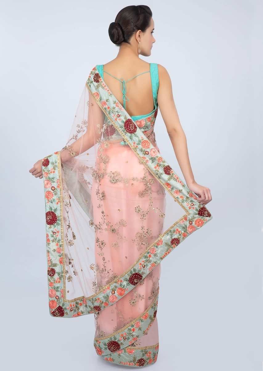 Salmon Peach Saree In Sheer Floral Jaal Embroidered Net With Contrasting Pista Green Border Online - Kalki Fashion