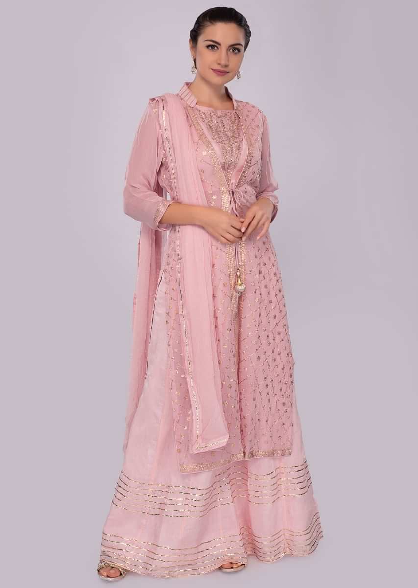 Salmon pink embroidered suit with skirt, jacket and dupatta 