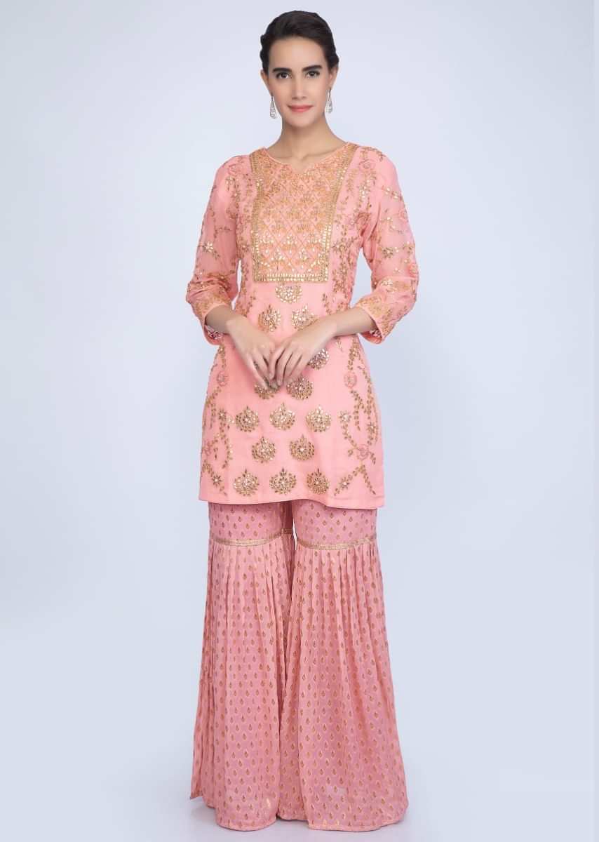 Salmon Pink Suit With Gotta Patch Embroidery And Pink Weaved Sharara Online - Kalki Fashion